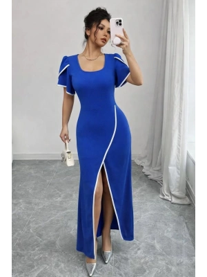 Kadın Kısa Kollu Kare Yakalı önden çapraz Kesim Detaylı Krep Elbise