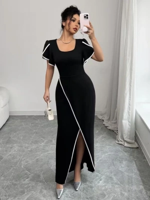 Kadın Kısa Kollu Kare Yakalı önden çapraz Kesim Detaylı Krep Elbise