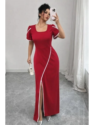 Kadın Kısa Kollu Kare Yakalı önden çapraz Kesim Detaylı Krep Elbise