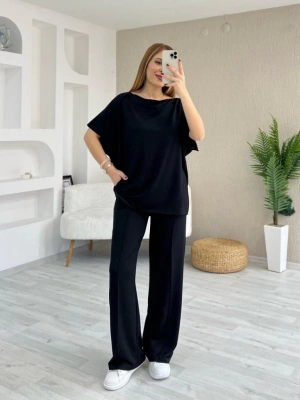 Kadın Kısa Kollu Kayık Yakalı Dikiş Izi Detaylı Viskon Iki Iplik Bluz Ve Pantolon Ikili Takım