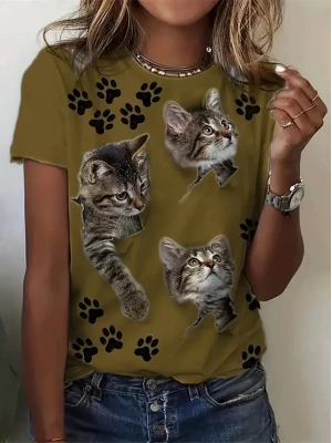 Kadın Kısa Kollu Kedi Ve Pati Baskılı Süprem Tshirt