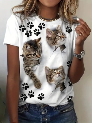 Kadın Kısa Kollu Kedi Ve Pati Baskılı Süprem Tshirt