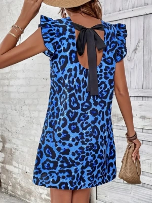 Kadın Kısa Kollu Kolları Fırfır Detay Arkası Bağlamalı Leopar Desen Kolsuz Mini Mikro Elbise