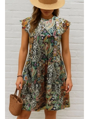 Kadın Kısa Kollu Kolları Fırfırlı Bisiklet Yakalı Kare Desenli Elbise