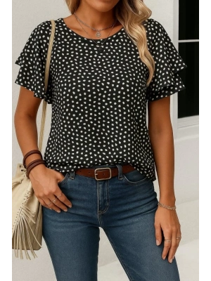 Kadın Kısa Kollu Kolları Volanlı Baskılı Süprem Bluz