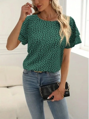 Kadın Kısa Kollu Kolları Volanlı Baskılı Süprem Bluz