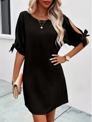 Kadın Kısa Kollu Kolu Bağlamalı Yakası Açık Janjan Elbise