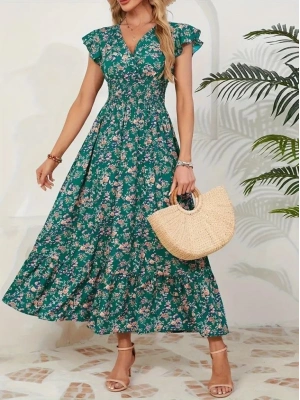 Kadın Kısa Kollu Kruvaze Yaka Beli Lastikli çiçek Desenli Elbise