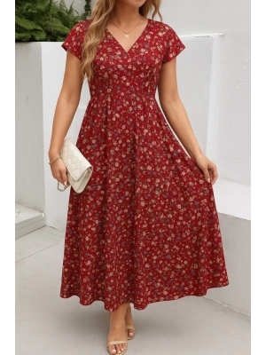 Kadın Kısa Kollu Kruvaze Yaka Beli Lastikli çiçek Desenli Elbise