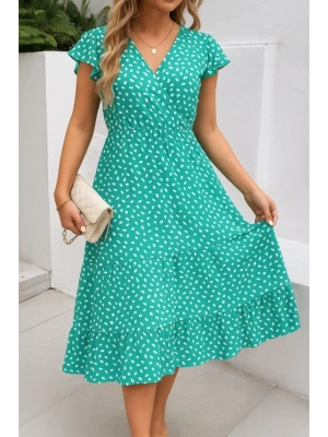 Kadın Kısa Kollu Kruvaze Yaka Beli Lastikli çiçek Desenli Elbise