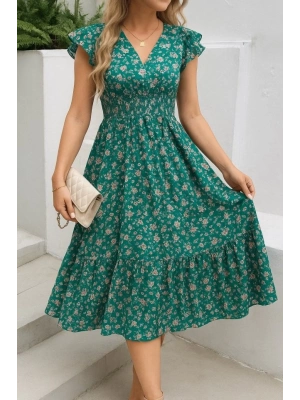 Kadın Kısa Kollu Kruvaze Yaka Beli Lastikli çiçek Desenli Elbise