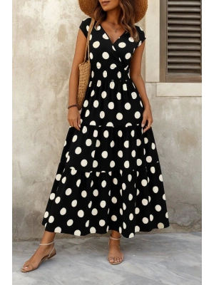 Kadın Kısa Kollu Kruvaze Yaka Beli Lastikli Süprem Maksi Boy Elbise