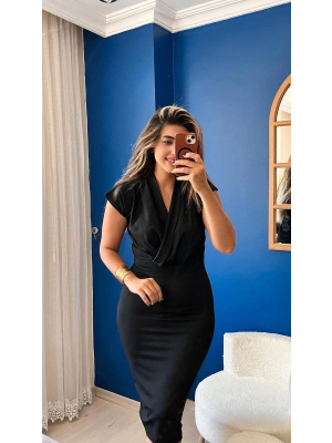 Kadın Kısa Kollu Kruvaze Yaka Krep Elbise (Kemersiz)