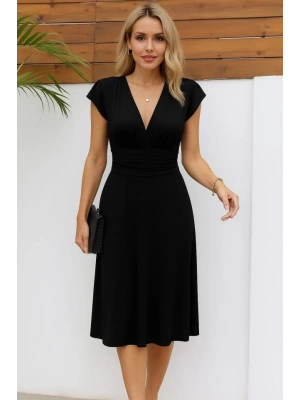 Kadın Kısa Kollu Kruvaze Yakalı Bel Korsajı Buzgulu Midi Janjan Krep Elbise