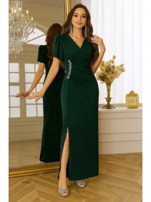 Kadın Kısa Kollu Kruvaze Yakalı Belden çiçek Aksesuarlı Yırtmaçlı Ithal Krep Elbise