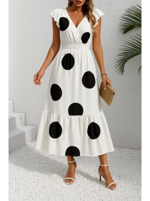 Kadın Kısa Kollu Kruvaze Yakalı Beli Lastikli Desenli Maksi Boy örme Krep Elbise