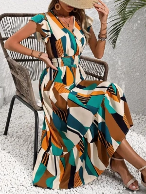 Kadın Kısa Kollu Kruvaze Yakalı Beli Lastikli Desenli Maksi Boy Süprem Elbise