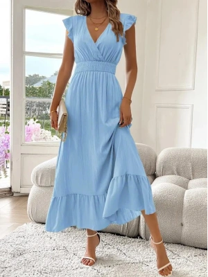 Kadın Kısa Kollu Kruvaze Yakalı Beli Lastikli Müslim Elbise