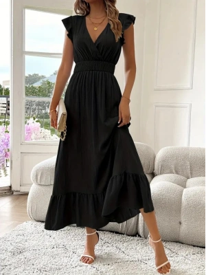 Kadın Kısa Kollu Kruvaze Yakalı Beli Lastikli Müslim Elbise