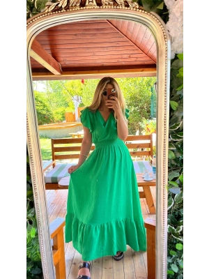 Kadın Kısa Kollu Kruvaze Yakalı Beli Lastikli Müslim Elbise