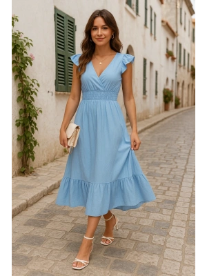 Kadın Kısa Kollu Kruvaze Yakalı Beli Lastikli Müslim Elbise