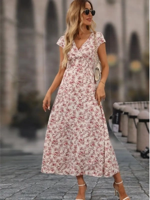 Kadın Kısa Kollu Kruvaze Yakalı çiçek Desenli Belden Lastikli Süprem Uzun Elbise