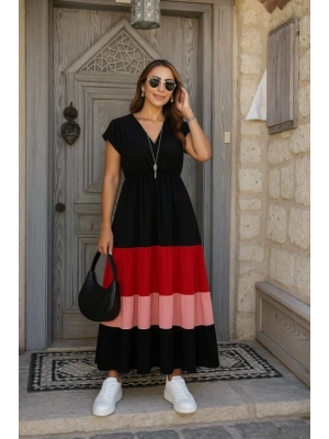 Kadın Kısa Kollu Kruvaze Yakalı çok Renkli Aerobin Elbise