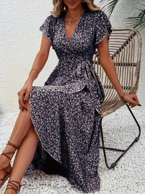 Kadın Kısa Kollu Kruvaze Yakalı Desenli Süprem Elbise