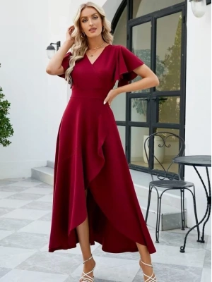 Kadın Kısa Kollu Kruvaze Yakalı ön Asimetrik Volanlı Uzun Ithal Krep Elbise