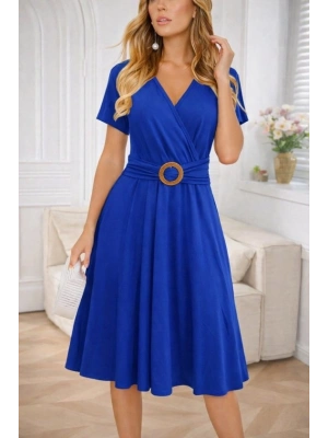 Kadın Kısa Kollu Kruvaze Yakalı önden Toka Detaylı Kısa Viskon Elbise