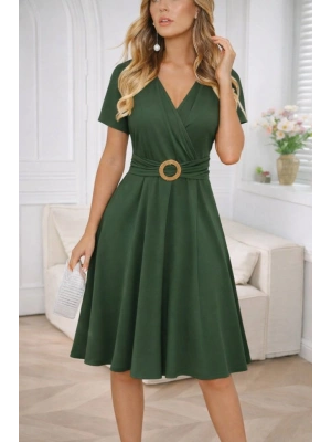 Kadın Kısa Kollu Kruvaze Yakalı önden Toka Detaylı Kısa Viskon Elbise