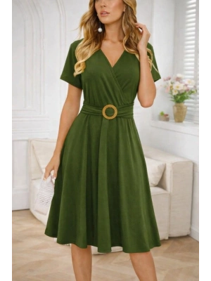 Kadın Kısa Kollu Kruvaze Yakalı önden Toka Detaylı Kısa Viskon Elbise