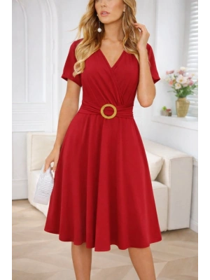 Kadın Kısa Kollu Kruvaze Yakalı önden Toka Detaylı Kısa Viskon Elbise