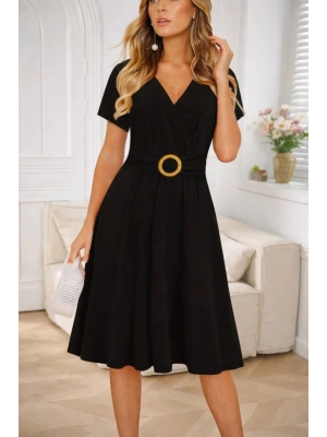 Kadın Kısa Kollu Kruvaze Yakalı önden Toka Detaylı Kısa Viskon Elbise