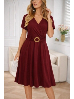 Kadın Kısa Kollu Kruvaze Yakalı önden Toka Detaylı Kısa Viskon Elbise