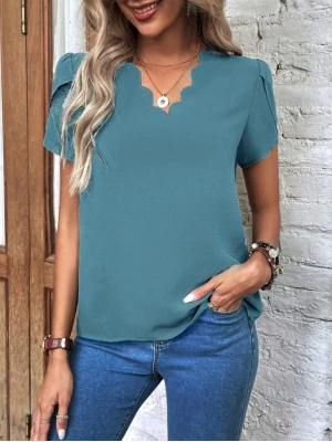 Kadın Kısa Kollu Lazer V Yakalı Ithal Krep Bluz