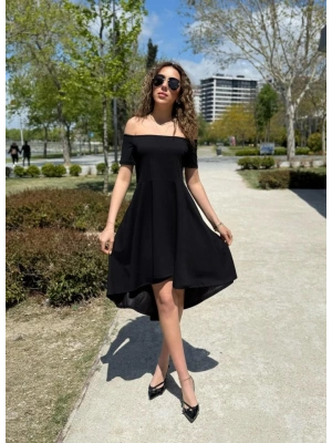 Kadın Kısa Kollu Madonna Yaka önü Kısa Arkası Uzun Ithal Krep Elbise