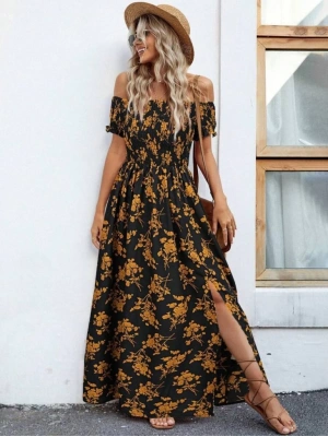 Kadın Kısa Kollu Madonna Yaka Yırtmaçlı çiçek Desenli Süprem Elbise