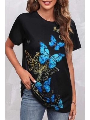 Kadın Kısa Kollu Mavi Sarı Kelebek Baskı Süprem Tshirt