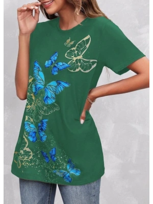 Kadın Kısa Kollu Mavi Sarı Kelebek Baskı Süprem Tshirt