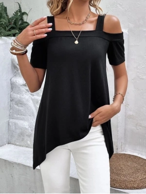 Kadın Kısa Kollu Omuzlardan Açık Askılı Asimetrik Kesim Viskon Bluz