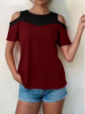 Kadın Kısa Kollu Omuzlardan Açık Detaylı çift Renkli Viskon Bluz