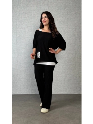 Kadın Kısa Kollu Omuzlardan Açık Yarasa Kollu Bürümcük Bluz Ve Pantolon Ve Viskon Atlet