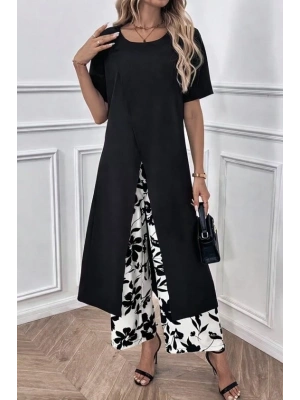 Kadın Kısa Kollu önden çapraz Detaylı Viskon Uzun Bluz Ve Desenli Iki Iplik Pantolon Ikili Takım