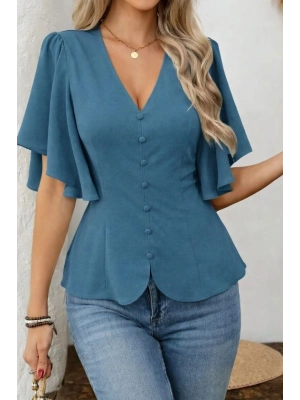 Kadın Kısa Kollu önden Düğmeli Ithal Krep Bluz