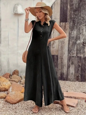 Kadın Kısa Kollu önden Düğmeli Paçaya Doğru Geniş Cepli Uzun Bürümcük Tulum