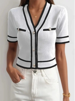 Kadın Kısa Kollu önden Düğmeli Triko Bluz