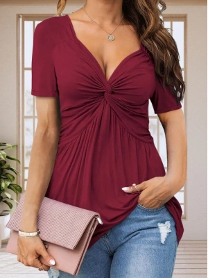 Kadın Kısa Kollu önü Düğüm Detay Viskon Bluz