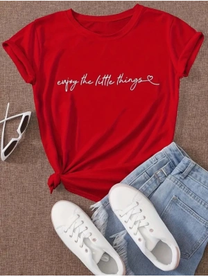 Kadın Kısa Kollu önü Yazı Baskılı Basic Süprem Bluz