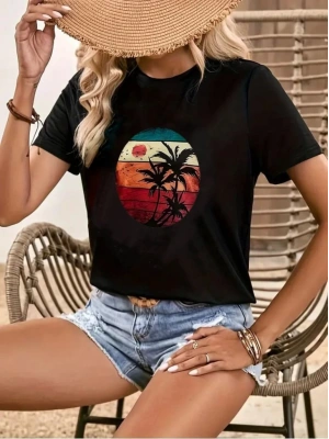 Kadın Kısa Kollu Palmiye Baskılı Viskon Tshirt